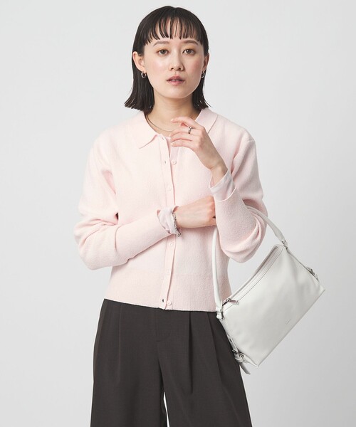 green label relaxing（グリーンレーベルリラクシング）の「ブークレ ポロカーディガン ウォッシャブル（カーディガン/ボレロ・レディース・ブラック/オフホワイト/ライトピンク・FREE）」の4枚目の写真