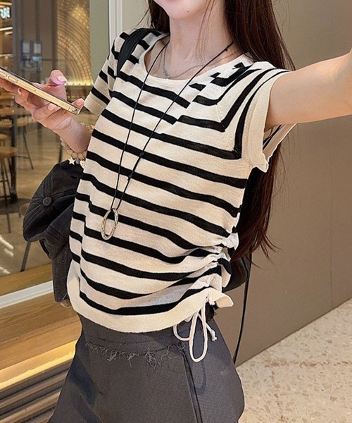 SallyLunn(サリーラン)の「サイドドロスト コンパクト ボーダーTシャツ(Tシャツ/カットソー・レディース・イエロー/ホワイト/ブラック・FREE)」の9枚目の写真