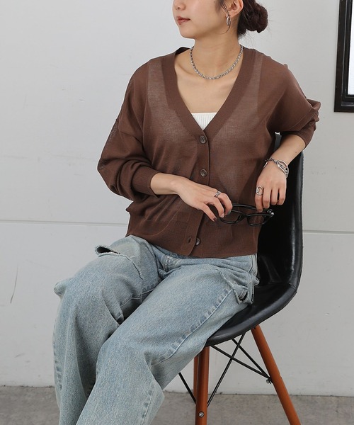 COLONY 2139（コロニートゥーワンスリーナイン）の「シアーVネックカーディガン（カーディガン/ボレロ・レディース・ピンク/ブラウン/ライトグレー/ブラック/アイボリー/ミント・FREE）」の18枚目の写真