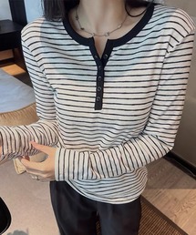 【伸縮性有】長袖 ボーダー柄 ヘンリーネック カットソー レディース