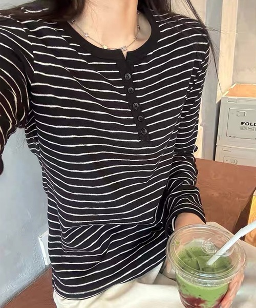 DAY CLOSET（デイ クローゼット）の「【伸縮性有】長袖 ボーダー柄 ヘンリーネック カットソー レディース（Tシャツ/カットソー・レディース・ホワイト系その他/ブラック系その他・L/M）」の5枚目の写真