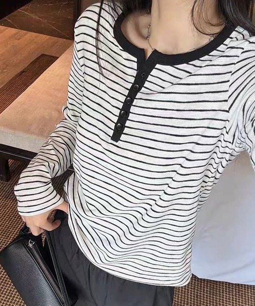 DAY CLOSET（デイ クローゼット）の「【伸縮性有】長袖 ボーダー柄 ヘンリーネック カットソー レディース（Tシャツ/カットソー・レディース・ホワイト系その他/ブラック系その他・L/M）」の3枚目の写真