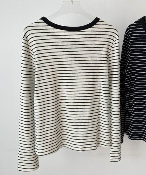 DAY CLOSET（デイ クローゼット）の「【伸縮性有】長袖 ボーダー柄 ヘンリーネック カットソー レディース（Tシャツ/カットソー・レディース・ホワイト系その他/ブラック系その他・L/M）」の4枚目の写真