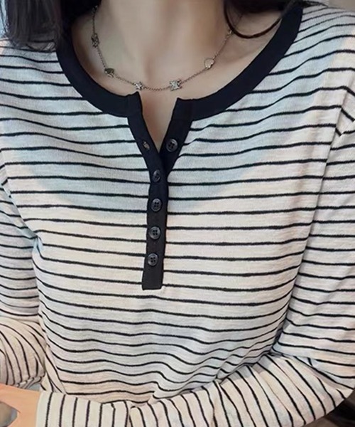 DAY CLOSET（デイ クローゼット）の「【伸縮性有】長袖 ボーダー柄 ヘンリーネック カットソー レディース（Tシャツ/カットソー・レディース・ホワイト系その他/ブラック系その他・L/M）」の7枚目の写真