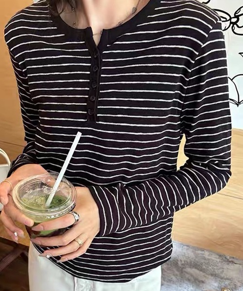 DAY CLOSET（デイ クローゼット）の「【伸縮性有】長袖 ボーダー柄 ヘンリーネック カットソー レディース（Tシャツ/カットソー・レディース・ホワイト系その他/ブラック系その他・L/M）」の8枚目の写真