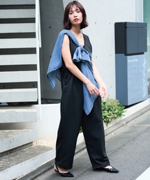 ポンチ ワイドシルエット ノースリーブオールインワン