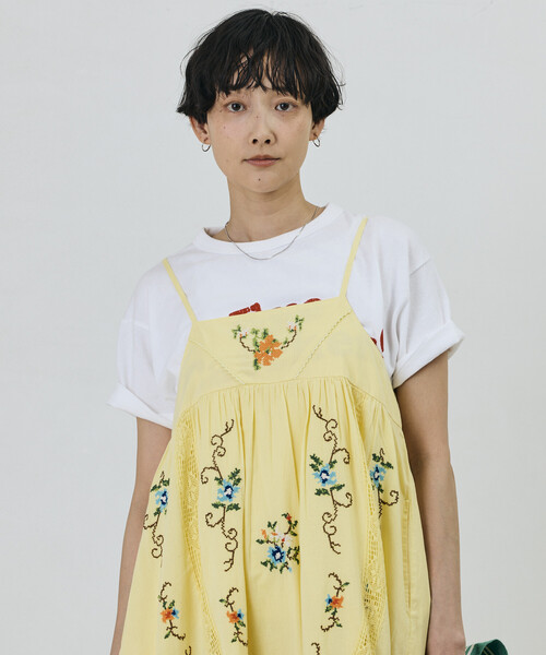 Freada(フリーダ)の「Freada/フリーダ インド フラワー クロス刺繍 レース キャミドレス / キャミワンピース(ワンピース・レディース・ブラック/イエロー/ホワイト・ONE SIZE)」の6枚目の写真
