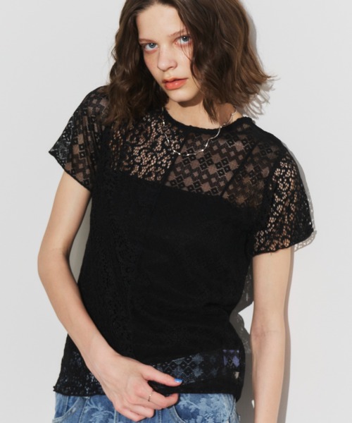 Unitage(ユニテージ)の「ハーフスリーブレーストップス(Tシャツ/カットソー・レディース・ブラック/アイボリー・FREE)」の12枚目の写真