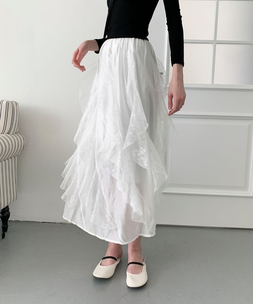 Jasmine Grandiflorum(ジャスミングランディフローラム)の「【Jasmine】レースラッフルフリルスカート(スカート・レディース・ピンク/ブラック/ホワイト・FREE)」の5枚目の写真