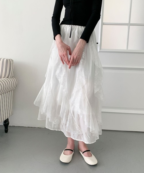 Jasmine Grandiflorum(ジャスミングランディフローラム)の「【Jasmine】レースラッフルフリルスカート(スカート・レディース・ピンク/ブラック/ホワイト・FREE)」の6枚目の写真