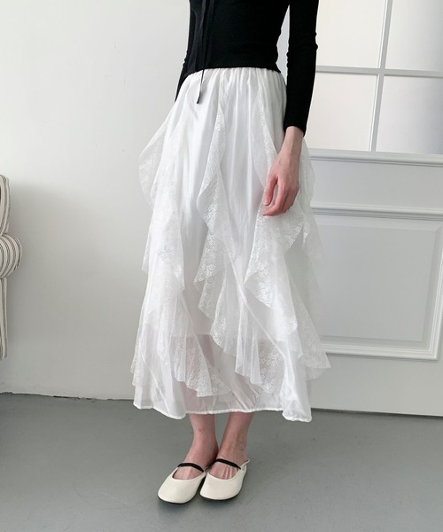 Jasmine Grandiflorum(ジャスミングランディフローラム)の「【Jasmine】レースラッフルフリルスカート(スカート・レディース・ピンク/ブラック/ホワイト・FREE)」の7枚目の写真