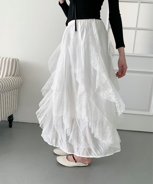 Jasmine Grandiflorum(ジャスミングランディフローラム)の「【Jasmine】レースラッフルフリルスカート(スカート・レディース・ピンク/ブラック/ホワイト・FREE)」の8枚目の写真