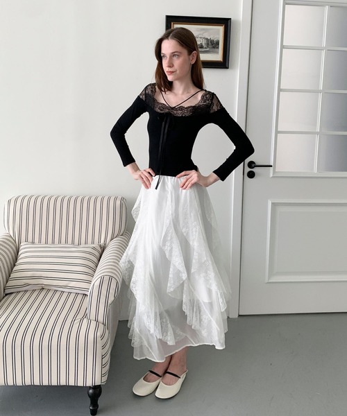 Jasmine Grandiflorum(ジャスミングランディフローラム)の「【Jasmine】レースラッフルフリルスカート(スカート・レディース・ピンク/ブラック/ホワイト・FREE)」の10枚目の写真