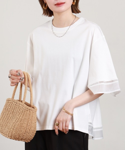 EGLANTINE(エグランティーヌ)の「EGLANTINE 袖シアーカットソー 半端袖(Tシャツ/カットソー・レディース・オフホワイト/ブラック・38)」の3枚目の写真