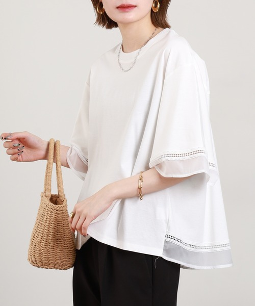 EGLANTINE(エグランティーヌ)の「EGLANTINE 袖シアーカットソー 半端袖(Tシャツ/カットソー・レディース・オフホワイト/ブラック・38)」の5枚目の写真