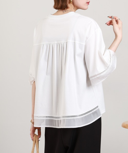 EGLANTINE(エグランティーヌ)の「EGLANTINE 袖シアーカットソー 半端袖(Tシャツ/カットソー・レディース・オフホワイト/ブラック・38)」の7枚目の写真