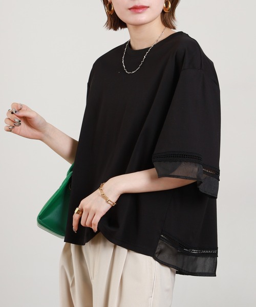 EGLANTINE(エグランティーヌ)の「EGLANTINE 袖シアーカットソー 半端袖(Tシャツ/カットソー・レディース・オフホワイト/ブラック・38)」の12枚目の写真