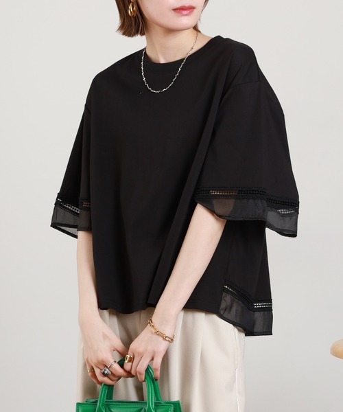 EGLANTINE(エグランティーヌ)の「EGLANTINE 袖シアーカットソー 半端袖(Tシャツ/カットソー・レディース・オフホワイト/ブラック・38)」の13枚目の写真