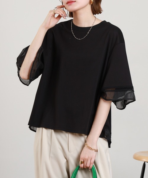 EGLANTINE(エグランティーヌ)の「EGLANTINE 袖シアーカットソー 半端袖(Tシャツ/カットソー・レディース・オフホワイト/ブラック・38)」の14枚目の写真