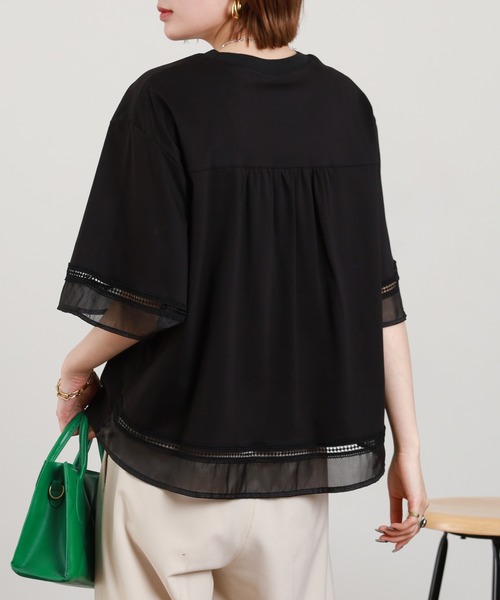 EGLANTINE(エグランティーヌ)の「EGLANTINE 袖シアーカットソー 半端袖(Tシャツ/カットソー・レディース・オフホワイト/ブラック・38)」の16枚目の写真