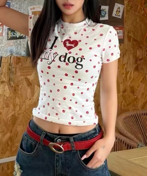 Vipoa(ヴィポア)の「アイラブDOGロゴプリントTシャツ(Tシャツ/カットソー・レディース・レッド/グレー・FREE)」の7枚目の写真