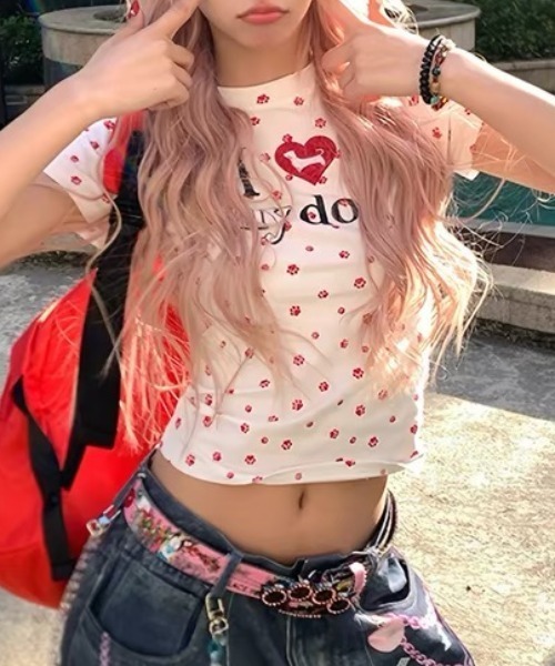 Vipoa(ヴィポア)の「アイラブDOGロゴプリントTシャツ(Tシャツ/カットソー・レディース・レッド/グレー・FREE)」の3枚目の写真