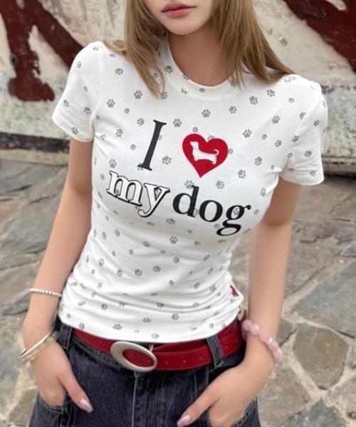 Vipoa(ヴィポア)の「アイラブDOGロゴプリントTシャツ(Tシャツ/カットソー・レディース・レッド/グレー・FREE)」の4枚目の写真