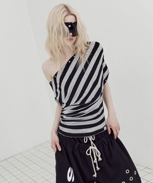 SETUP-EXE（セットアップイーエックスイー）の「STRIPE EYELET DRAPE TOP / BLACK（Tシャツ/カットソー）」