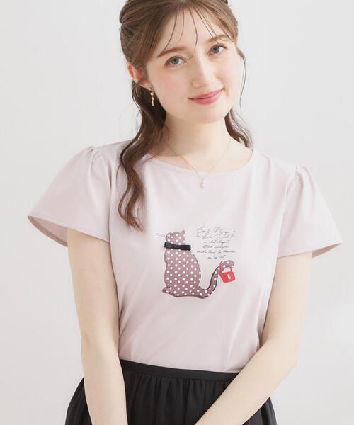 couture brooch(クチュールブローチ)の「【接触冷感・UVカット・洗える】CATプリントTシャツ(Tシャツ/カットソー・レディース・チャコール/ホワイト系1/ライトグレー系/ピンク系1・42/40/38/36)」の4枚目の写真