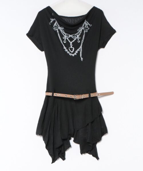 HOOK(フック)の「HOOK for girls ベルト付き アシメヘム チェーンプリント ペプラム 半袖 Tシャツ (SS)(ワンピース・レディース・ベージュ/ブラック・FREE)」の9枚目の写真