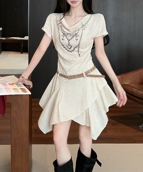 HOOK(フック)の「HOOK for girls ベルト付き アシメヘム チェーンプリント ペプラム 半袖 Tシャツ (SS)(ワンピース・レディース・ベージュ/ブラック・FREE)」の13枚目の写真