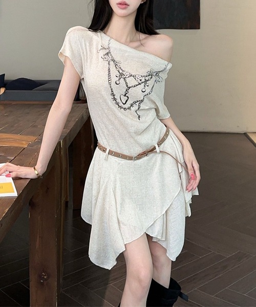 HOOK(フック)の「HOOK for girls ベルト付き アシメヘム チェーンプリント ペプラム 半袖 Tシャツ (SS)(ワンピース・レディース・ベージュ/ブラック・FREE)」の14枚目の写真