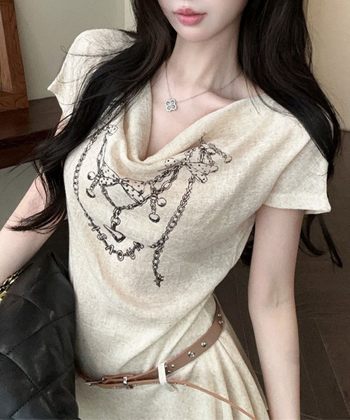 HOOK(フック)の「HOOK for girls ベルト付き アシメヘム チェーンプリント ペプラム 半袖 Tシャツ (SS)(ワンピース・レディース・ベージュ/ブラック・FREE)」の15枚目の写真