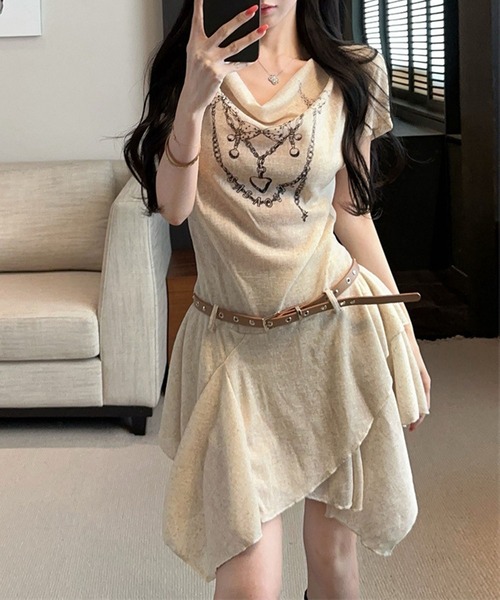 HOOK(フック)の「HOOK for girls ベルト付き アシメヘム チェーンプリント ペプラム 半袖 Tシャツ (SS)(ワンピース・レディース・ベージュ/ブラック・FREE)」の19枚目の写真