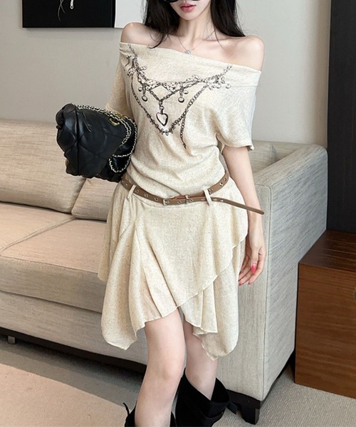 HOOK(フック)の「HOOK for girls ベルト付き アシメヘム チェーンプリント ペプラム 半袖 Tシャツ (SS)(ワンピース・レディース・ベージュ/ブラック・FREE)」の21枚目の写真