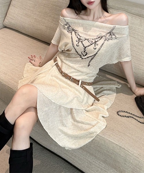 HOOK(フック)の「HOOK for girls ベルト付き アシメヘム チェーンプリント ペプラム 半袖 Tシャツ (SS)(ワンピース・レディース・ベージュ/ブラック・FREE)」の22枚目の写真