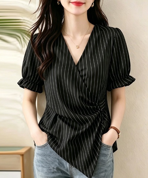 ONEP STAR（ワンピスター）の「ストライプカシュクール風バックリボン半袖ブラウス（シャツ/ブラウス・レディース・ブラック/ネイビー・MEDIUM/LARGE/X-LARGE）」の10枚目の写真