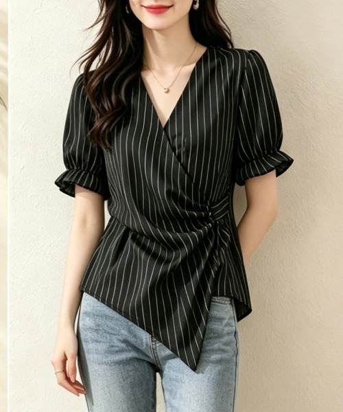 ONEP STAR（ワンピスター）の「ストライプカシュクール風バックリボン半袖ブラウス（シャツ/ブラウス・レディース・ブラック/ネイビー・MEDIUM/LARGE/X-LARGE）」の11枚目の写真