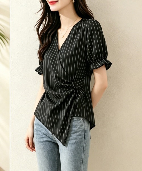 ONEP STAR（ワンピスター）の「ストライプカシュクール風バックリボン半袖ブラウス（シャツ/ブラウス・レディース・ブラック/ネイビー・MEDIUM/LARGE/X-LARGE）」の12枚目の写真