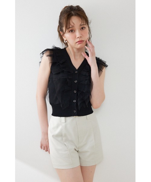 rienda(リエンダ)の「ノースリフリルチュールニットカーディガン 夏服(ニット/セーター・レディース・ブラック/ピンク/ホワイト・FREE)」の2枚目の写真