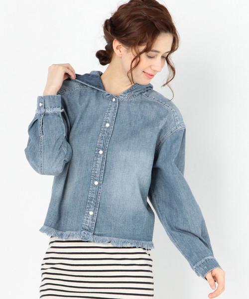 Another Edition（アナザーエディション）の「デニムフードシャツ/AEBC DNM HOOD SHT◆（シャツ/ブラウス・レディース・ライトブルー/オフホワイト・FREE）」の4枚目の写真