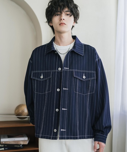 Rocky Monroe(ロッキーモンロー)の「ショート丈ピンストライプジャケット/短丈シャツジャケット(その他アウター・メンズ・グレー/ネイビー/ブラック/ブラウン・L/M/XL)」の4枚目の写真