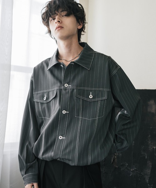 Rocky Monroe(ロッキーモンロー)の「ショート丈ピンストライプジャケット/短丈シャツジャケット(その他アウター・メンズ・グレー/ネイビー/ブラック/ブラウン・L/M/XL)」の2枚目の写真