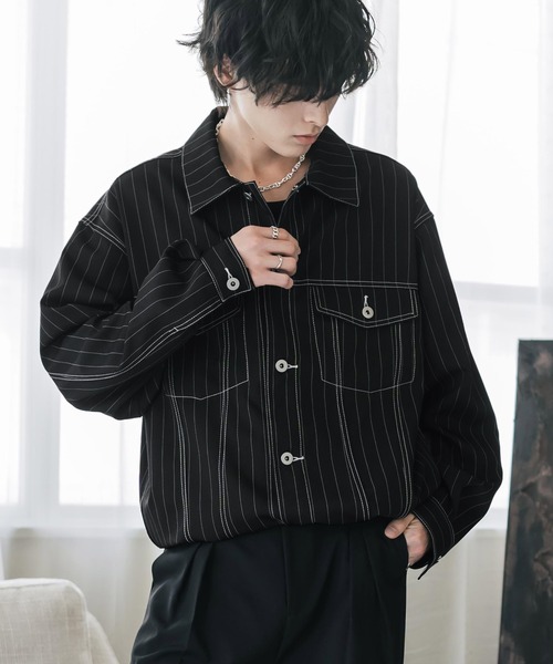 Rocky Monroe(ロッキーモンロー)の「ショート丈ピンストライプジャケット/短丈シャツジャケット(その他アウター・メンズ・グレー/ネイビー/ブラック/ブラウン・L/M/XL)」の1枚目の写真