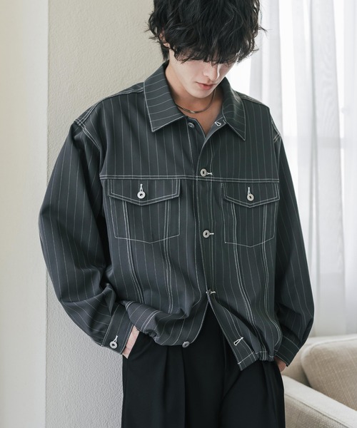 Rocky Monroe(ロッキーモンロー)の「ショート丈ピンストライプジャケット/短丈シャツジャケット(その他アウター・メンズ・グレー/ネイビー/ブラック/ブラウン・L/M/XL)」の14枚目の写真