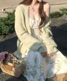 クルーネックワッフル風ニットカーディガン