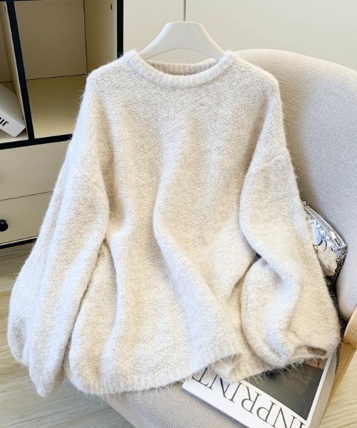 AMAJI(アマジ)の「パフスリーブ クルーネック ニットトップス(ニット/セーター・レディース・ブラウン/パープル/ホワイト・FREE)」の1枚目の写真