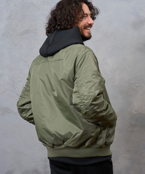 No Rain No Rainbow(ノーレインノーレインボー)の「mj11922- heartbeat print insulated MA-1 jacket MA-1ジャケット(NR26W-29)(MA-1・メンズ・カーキ/ブラック・S/M/L/XL)」の5枚目の写真