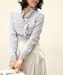 NARACAMICIE | スーパーストレッチストライプ長袖フリルブラウス(シャツ/ブラウス)