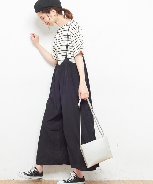 natural couture（ナチュラルクチュール）の「AWギャザー×後ろレースアップサロペ（ワンピース・レディース・ブラック/ベージュ/ドット/チェック/レンガ・FREE）」の2枚目の写真